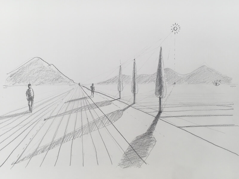 Dibujo de un paisaje con cipreses y sus sombras