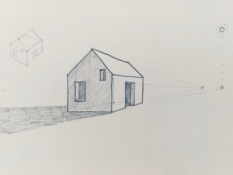 Dibujo y sombreado de una casa en perspectiva con puertas y ventanas