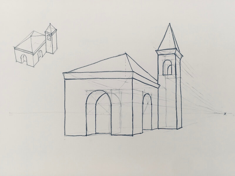 Dibujo de una Iglesia en perspectiva a mano alzada