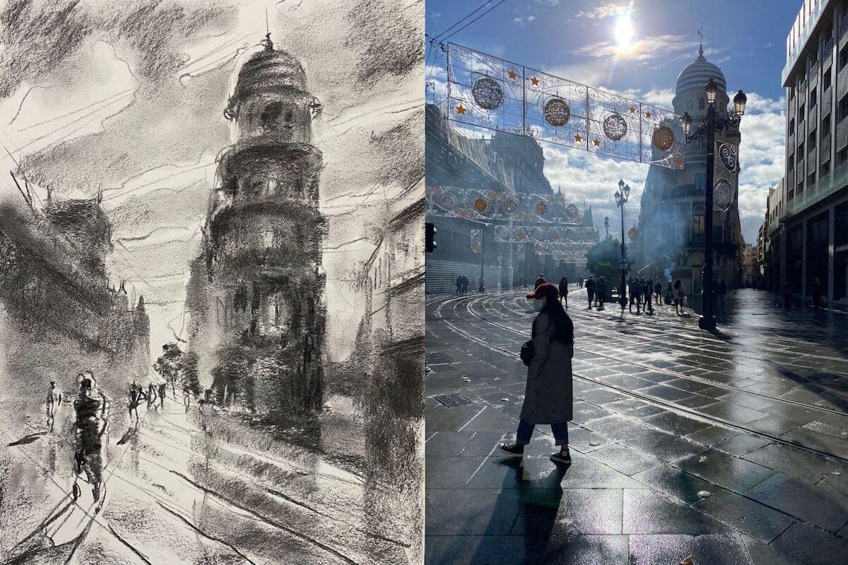 Boceto de un paisaje urbano: La Avenida de la Constitución de Sevilla