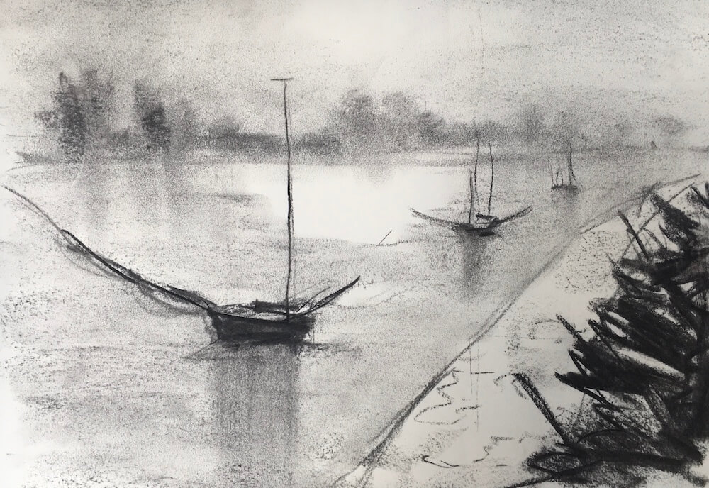 Dibujo de un paisaje al carboncillo: Composición y perspectiva
