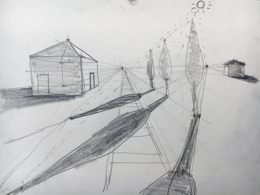 Iniciación a la Perspectiva Cónica Frontal. Ejercicios: Cubo y Paisaje sencillo.
