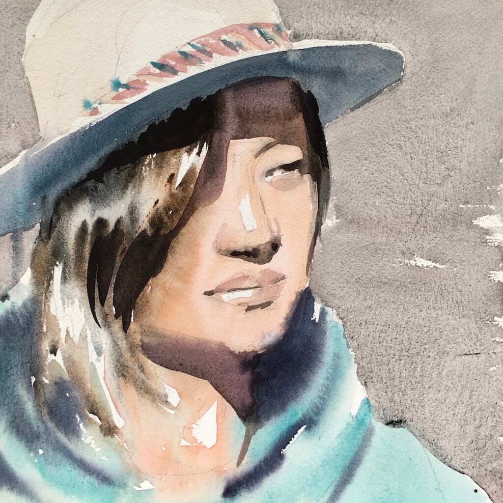 Retrato a la acuarela de una chica con luz frontal