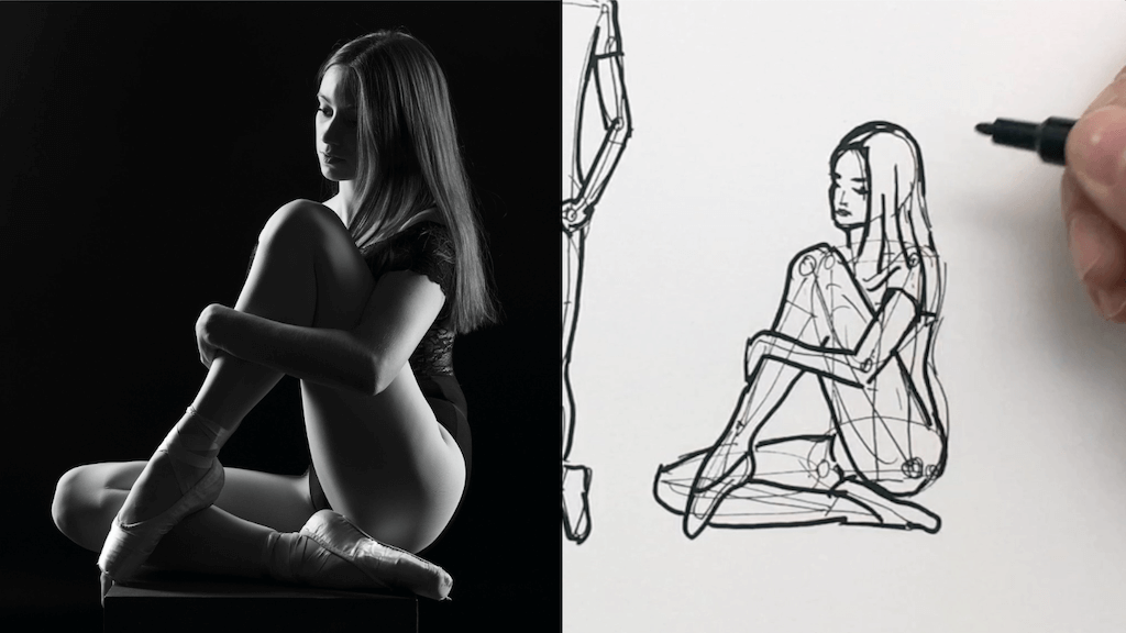 Ejercicio de dibujo de una mujer sentada con pose estática.