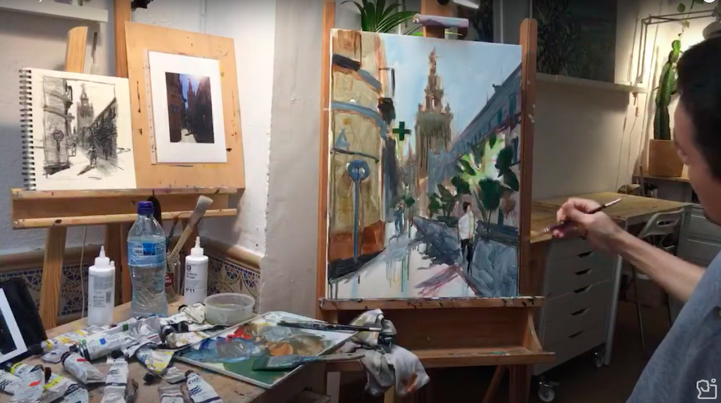Pintura Acrílica de un Paisaje Urbano: La Calle Placentines de Sevilla I