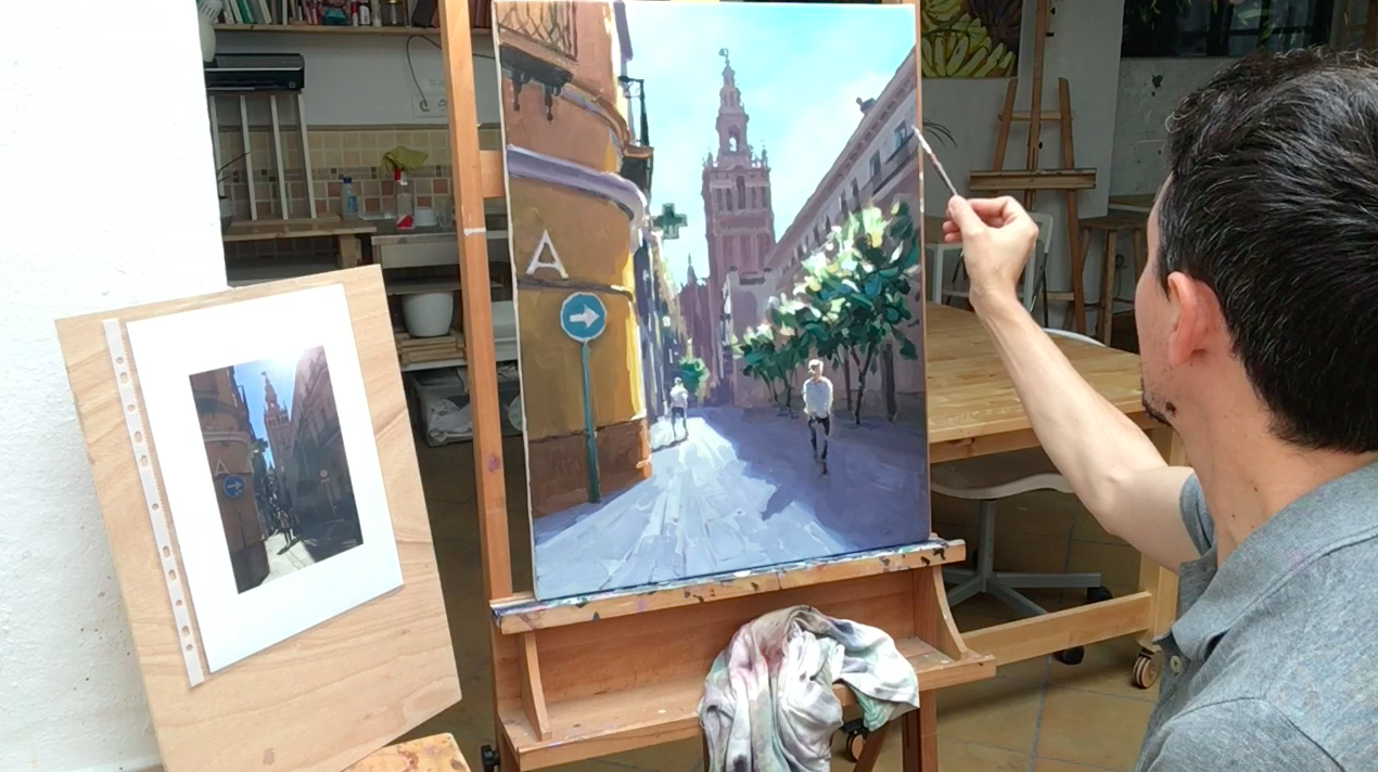 Pintura Acrilíca de un Paisaje Urbano: La Calle Placentines de Sevilla II