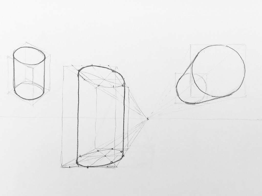 Dibujo de Cilindros en perspectiva cónica frontal