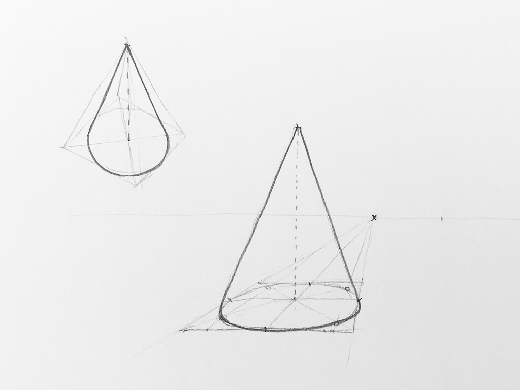 Dibujo de un Cono en perspectiva cónica frontal
