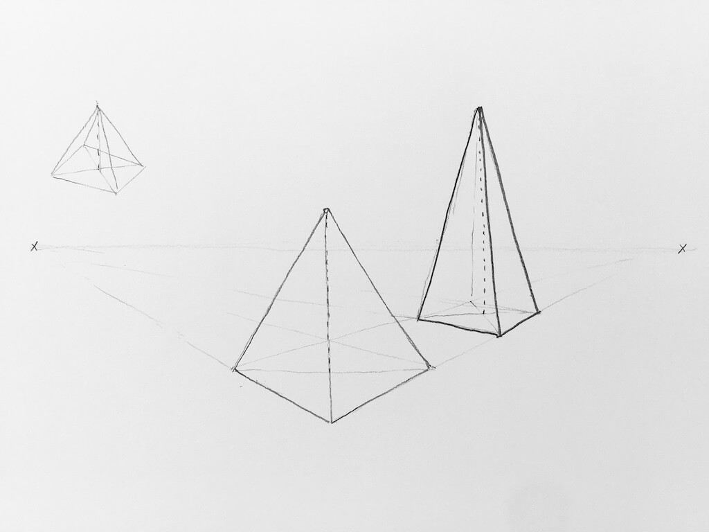 Dibujo de la pirámide en perspectiva cónica oblicua