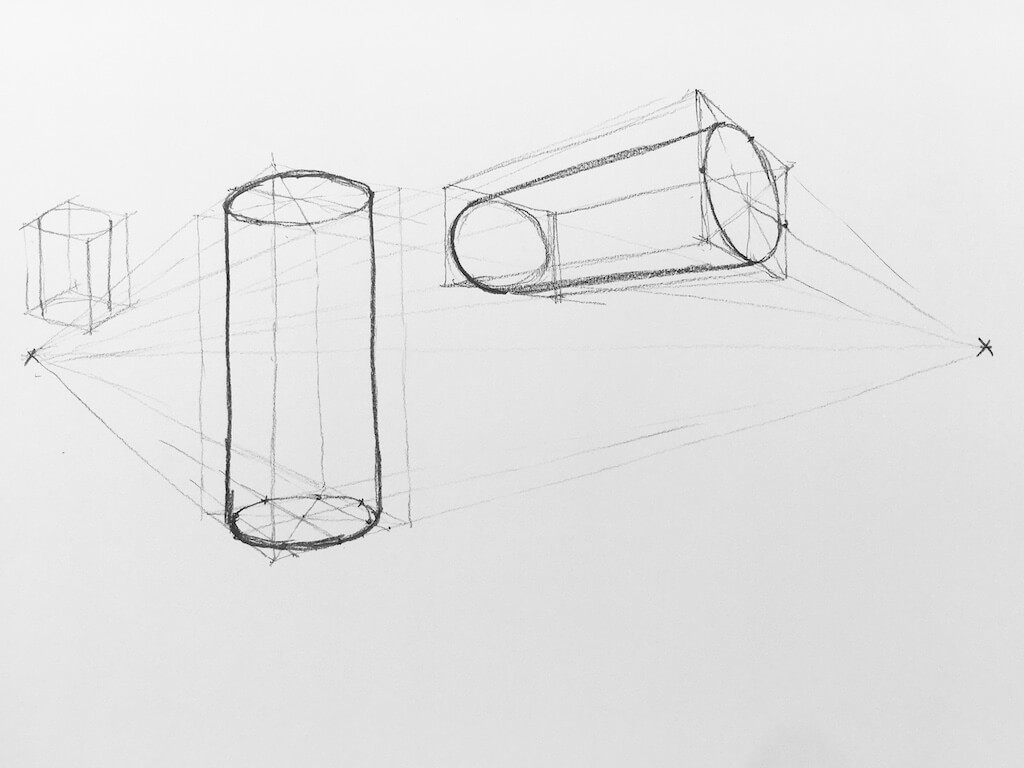 Dibujo del cilindro en perspectiva cónica oblicua