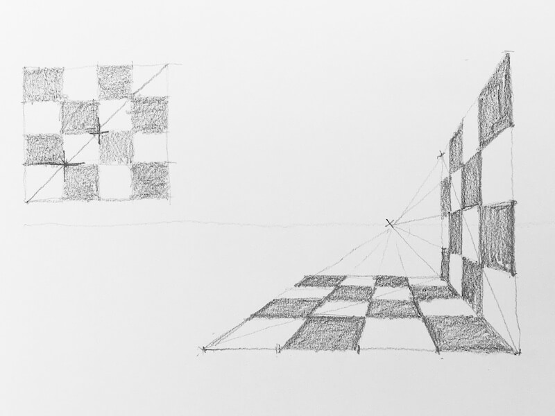 Dibujo de un tablero de ajedrez en perspectiva cónica frontal a mano alzada