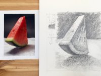 Dibujo de objeto, encaje, proporcion, escala y sombreado de una sandia