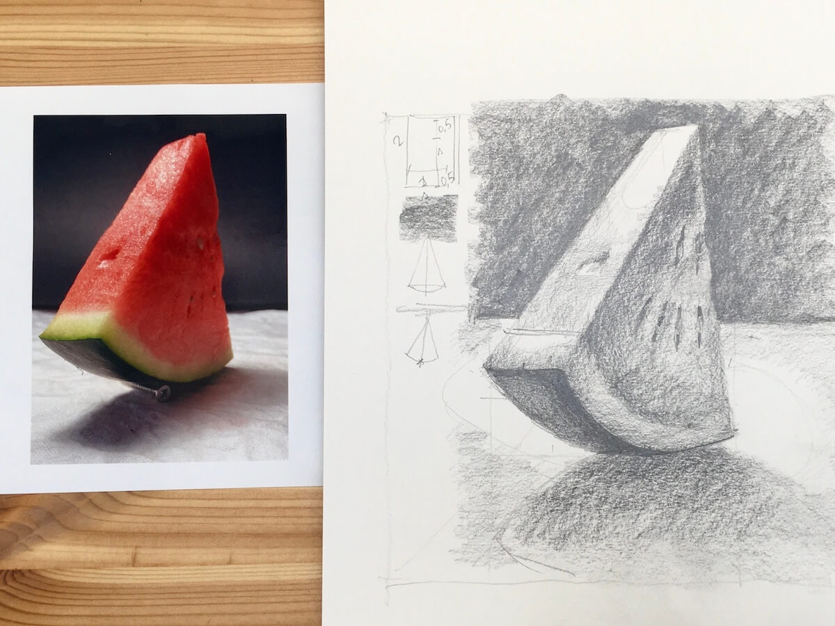 Dibujo proporcionado y sombreado de un trozo de sandía