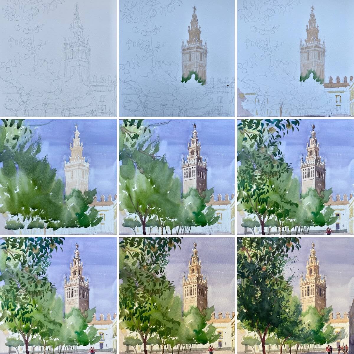 Acuarela de un paisaje urbano paso a paso: El Patio de Banderas de Sevilla