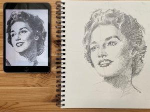 Dibujo de un Retrato de Mujer. 3. Tonos Negros y degradados, Rasgos, piel y Pelo