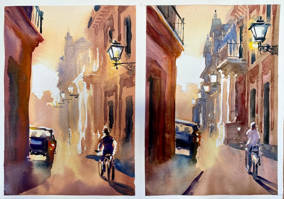 Paisaje urbano a la Acuarela: Calle Santa Ana a contraluz