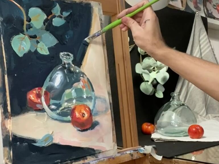 Pintura de un bodegón con un jarrón transparente al acrílico