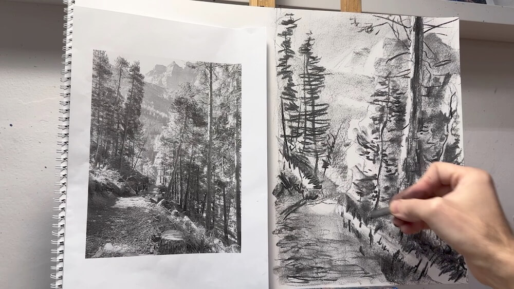 Dibujo de un paisaje al carboncillo: Composición y profundidad