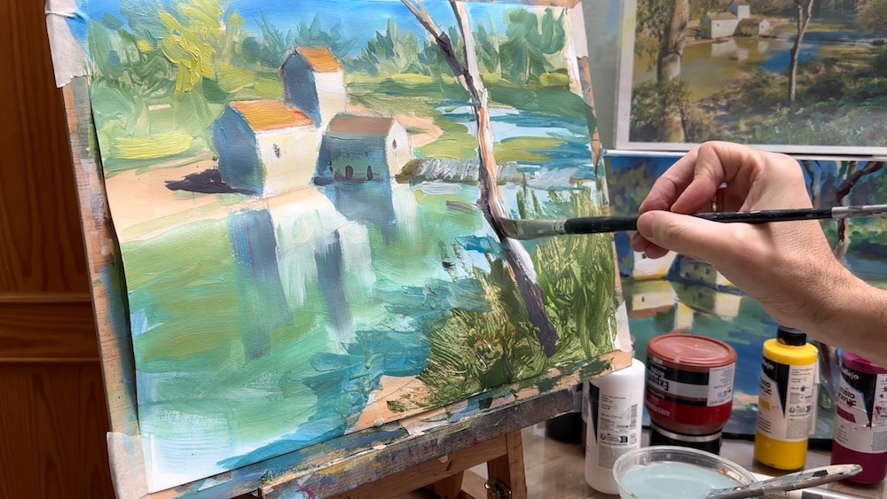 Cómo pintar un paisaje al acrílico: Un molino junto al río